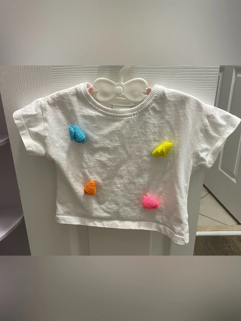 Zara White Short-Sleeve Tee with Neon Crochet Patches
